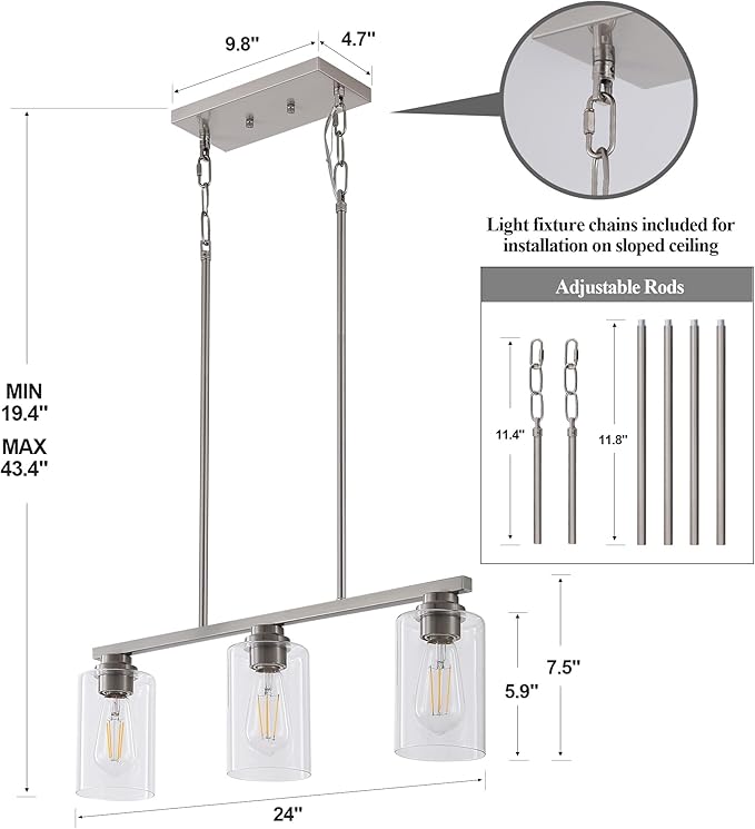 Mecgirn Island Light for Kitchen, Brushed Nickel Dining Room Light Fixture Over Table, 3-Light Linear Chandelier Pendant Lighting for Dining Table Kitchen Island Living Room