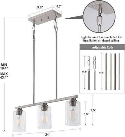 Mecgirn Island Light for Kitchen, Brushed Nickel Dining Room Light Fixture Over Table, 3-Light Linear Chandelier Pendant Lighting for Dining Table Kitchen Island Living Room