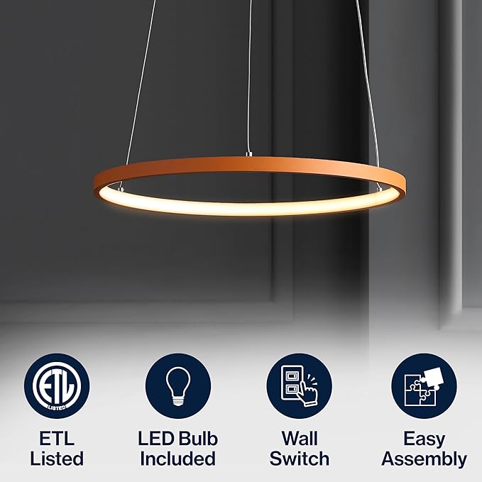 JONATHAN Y 15.75" Orange Modern Integrated LED Pendant Light, Dimmable Round Hoop Chandelier for Kitchen Island, Dining Room, Adjustable Height Metal Hanging Light (JYL7202G)