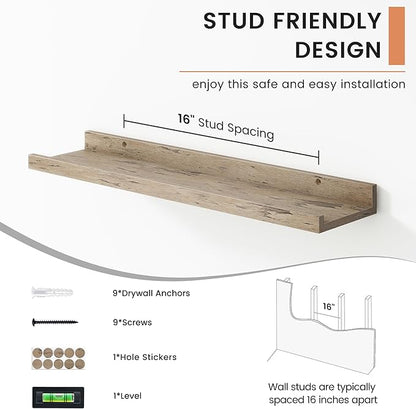 FLYJOE Floating Picture Ledge Shelves for Wall Set of 4, 24 Inch Wall Shelves with Lip Long Large Nursery Book Shelf for Toys Storage Kids Bookshelf Wall Mounted Living Room Bedroom Decor Frames