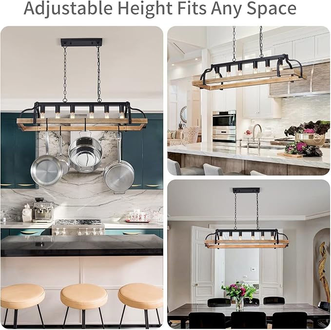 WUZUPS 6-Light Metal Pot Hanging Rack Chandelier Imitation Light Wood Grain Linear Pendant Ceiling Lighting Rustic Farmhouse Fixture Kitchen Island Dining Room, H 9.8" L 40.6" W11.8, E26 Base, Black