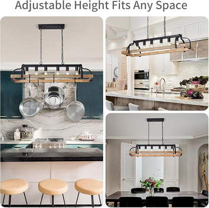 WUZUPS 6-Light Metal Pot Hanging Rack Chandelier Imitation Light Wood Grain Linear Pendant Ceiling Lighting Rustic Farmhouse Fixture Kitchen Island Dining Room, H 9.8" L 40.6" W11.8, E26 Base, Black