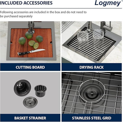 Logmey 15" Square Drop in Bar Sink,PVD Nano Gun Black 16 Gauge Stainless Steel,15x15x9 Workstation Sink for Kitchen Prep,RV,Wet Bar & Outdoor