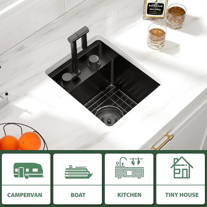 13x15 Outdoor Kitchen Sink Black Concealed Undermount RV Sink Gunmetal Black NANO PVD Stainless Steel Handmade Ledge Workstation Single Bowl Outdoor Sinks with Concealed Folding Faucet,13"x15"x9"