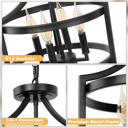 LynPon Black Farmhouse Chandelier 4 Lights, Modern Hanging Pendant Light Convertible Semi Flush Mount Ceiling Light Rustic Metal Round Cage Chandeliers for Dining Room Entryway Foyer Kitchen