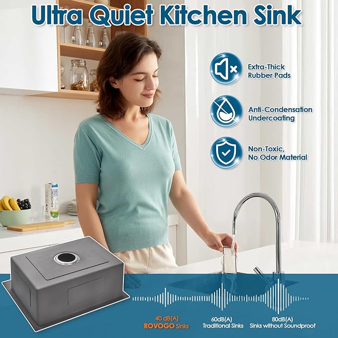 ROVOGO 24 inch Kitchen Sink Drop in 304 Stainless Steel, 24"x18" Single Bowl Top Mount, 9" Deep Sink with 2-Hole, Drain Assembly Included, Brushed