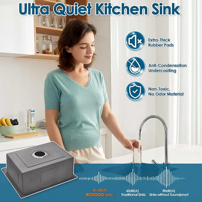 ROVOGO 24 inch Kitchen Sink Drop in 304 Stainless Steel, 24"x18" Single Bowl Top Mount, 9" Deep Sink with 2-Hole, Drain Assembly Included, Brushed