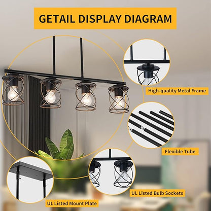 mavcadonf 4-Light UL Certified Farmhouse Linear Pendant Light, Black Metal Adjustable Kitchen Island Light with Sloped Ceiling Compatible, Hanging Light for Dining Room Living Room Foyer