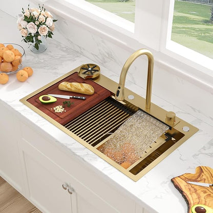 Sarlai 33 Inch Waterfall Kitchen Sink - 33x19 Gold Waterfall Drop In Sink Workstation Stainless Steel 16 Gauge Sink Multifunction Single Bowl Smart Top Mount Kitchen Sinks with Faucet Combo