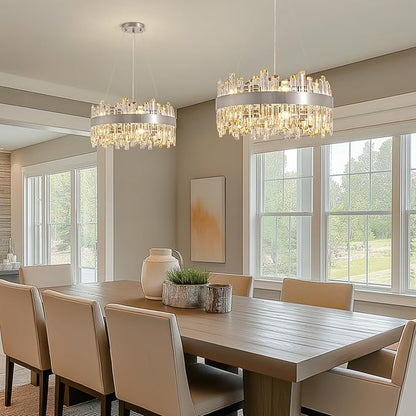 Siljoy Modern Crystal Chandeliers 12-Light Luxury Brushed Nickel K9 Crystal Raindrop Chandelier Adjustable Dimmable Crystal Ceiling Light Fixture for Dining Room Living Room Bedroom D19.7''