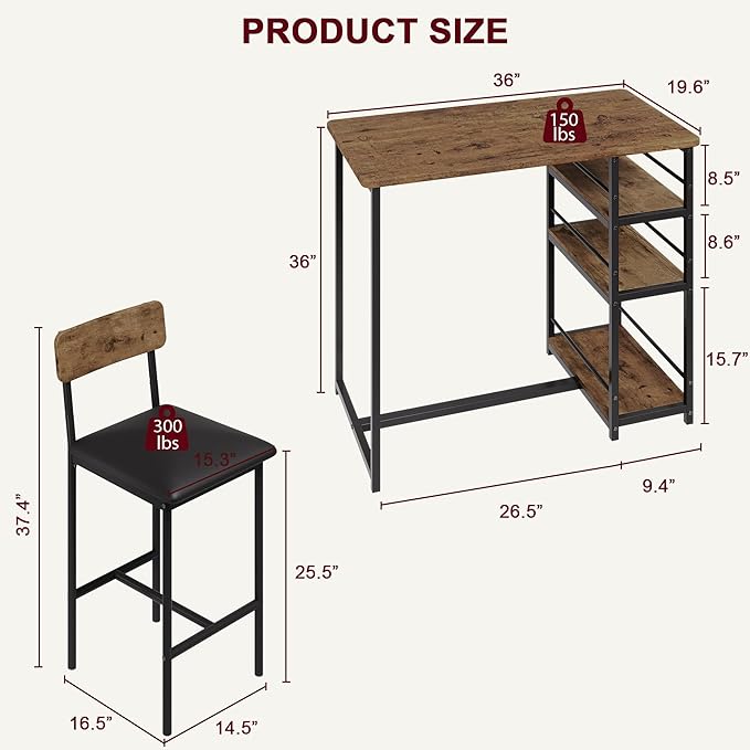 Bar Table Set for 2 with 3 Storage Shelves, Space-Saving Kitchen Table & Chairs with PU Cushions, Thick MDF Wood Top and Steel Frame for Apartment and Bistros - Brown
