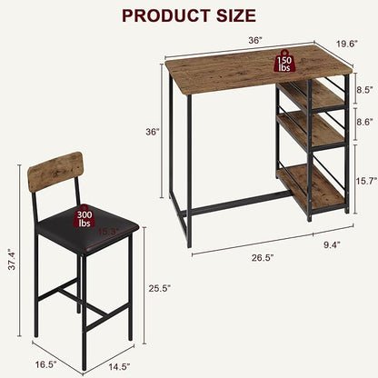 Bar Table Set for 2 with 3 Storage Shelves, Space-Saving Kitchen Table & Chairs with PU Cushions, Thick MDF Wood Top and Steel Frame for Apartment and Bistros - Brown