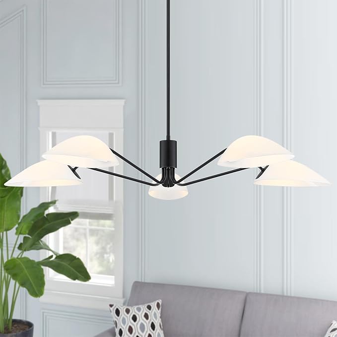 MEXO Modern Glass Chandeliers, Sputnik Chandelier Black Pendant Lighting Fixture Glass Shade Ceiling Light for Dining Room Kitchen Island