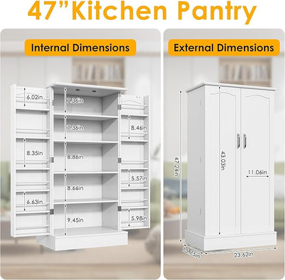 kepptory 47” Pantry Cabinet, Kitchen Pantry Storage Cabinet with Doors and Adjustable Shelves,Freestanding Buffet Cupboards Sideboard for Living Room and Dinning Room (White)