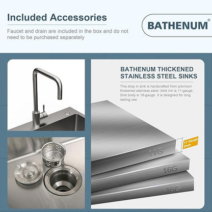 24" x 18" Drop in Kitchen Sink Stainless Steel Single Bowl Kitchen Sink with Drain Kit and Faucet