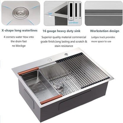 Lordear Kitchen Sink Drop In 28x22 Topmount 16 Gauge Stainless Steel Single Bowl Ledge Workstation Kitchen Sink Basin