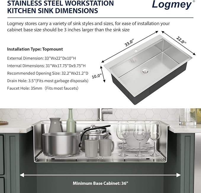 Logmey 33x22 Drop in Kitchen Sink All in One Workstation 16 Gauge SUS304 Stainless Steel Single Bowl 9-3/4" Deep Handmade Sink,Ideal for Home Cooking,Cleaning & Daily Kitchen Use,Noise Reduction