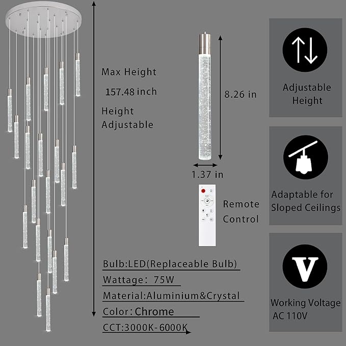 20-Lights Bubble Chandelier for Entryway High Ceiling-157 Height Adjustable Crystal Chandelier,3 Color Temperature Dimmable LED Pendant Light Fixture for Foyer Living Room Staircase,Chrome