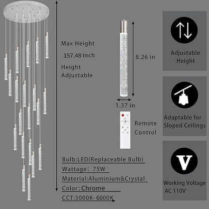 20-Lights Bubble Chandelier for Entryway High Ceiling-157 Height Adjustable Crystal Chandelier,3 Color Temperature Dimmable LED Pendant Light Fixture for Foyer Living Room Staircase,Chrome
