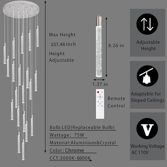 20-Lights Bubble Chandelier for Entryway High Ceiling-157 Height Adjustable Crystal Chandelier,3 Color Temperature Dimmable LED Pendant Light Fixture for Foyer Living Room Staircase,Chrome