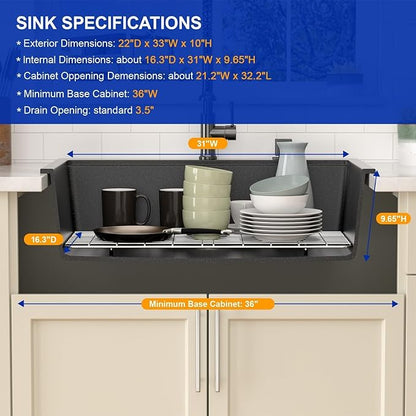 Dcolora 33 In. Drop In Granite Composite Kitchen Sink, Quartz Matte Black Single Bowl Topmount Workstation Sink, 33" X 22" X 10"#DC-0001GBT