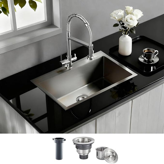 28 inch Drop-in Kitchen Sink, Topmount Kitchen Sink Single Bowl 304 Stainless Steel, 9 Inch Deep Handmade Overmount Sink with Strainer