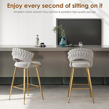 25.2" Velvet Counter Stool with Gold Accents, Ergonomic Plush Seat for Kitchen Island Bar