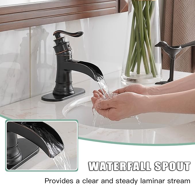 BWE Waterfall Bathroom Faucet Oil Rubbed Bronze Antique, Single-Handle One Hole Sink Faucet for Farmhouse Bath Vanity Lavatory Restroom, Solid Brass Construction