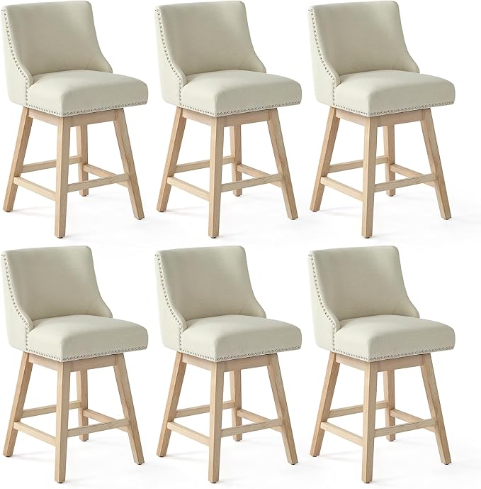 Counter Height Swivel Bar Stools Set of 6, Modern Linen Fabric Swivel Barstools with Back and Wood Legs, Upholstered 26" Seat Height Counter Stools for Kitchen Island, Home Bar, Beige