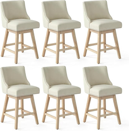 Counter Height Swivel Bar Stools Set of 6, Modern Linen Fabric Swivel Barstools with Back and Wood Legs, Upholstered 26" Seat Height Counter Stools for Kitchen Island, Home Bar, Beige