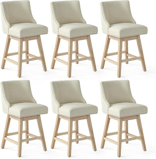 Counter Height Swivel Bar Stools Set of 6, Modern Linen Fabric Swivel Barstools with Back and Wood Legs, Upholstered 26" Seat Height Counter Stools for Kitchen Island, Home Bar, Beige