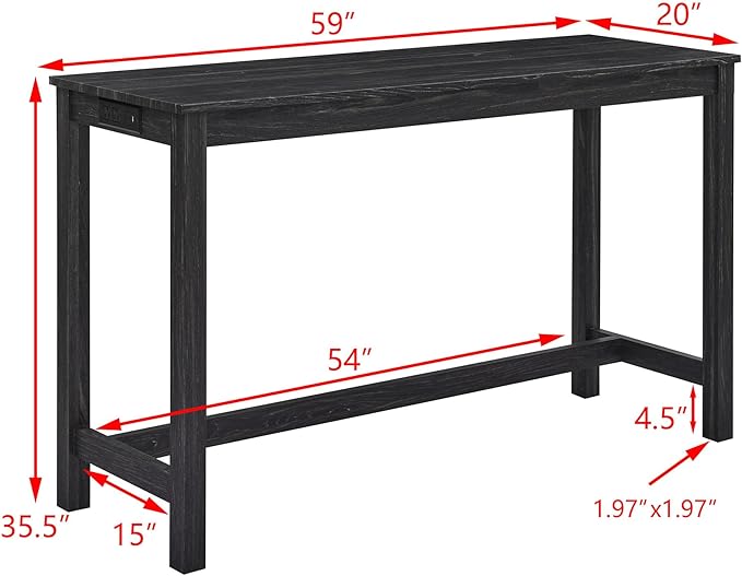 59" Bar Table Set with Power Outlet - 4 Piece Dining Table and 3 Upholstered Stools, Counter Height Pub Table with Charging Station, Fordining Room, Kitchen Island Table with Seating Pub Table Set