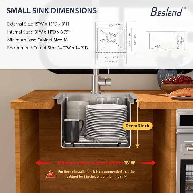 15 Outdoor Kitchen Sink - Beslend 15x15 Outdoor Sink Bar Sink RV Sinks Drop In, Topmount Stainless Steel Kitchen Sinks Wet Bar Sinks Workstation 16 Gauge Single Bowl Above Counter Indoor Outdoor