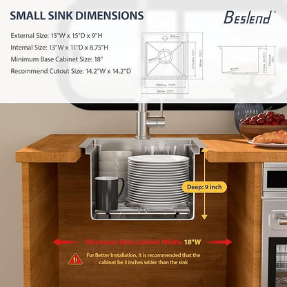 15 Outdoor Kitchen Sink with Faucet- Beslend 15X15 Drop In Outdoor Bar Sink with Pull-Out Faucet and Cover, 16 Gauge Stainless Steel Kitchen Sinks Workstation Single Bowl Above Counter Indoor Outdoor