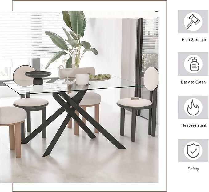 SSLine 51.2" Rectangle Glass Dining Table for 4 Modern Glass Tabletop Kitchen Table for 4 Luxury Dining Room Tables with Black Nest-Shape Metal Base for Home Kitchen Dining Room