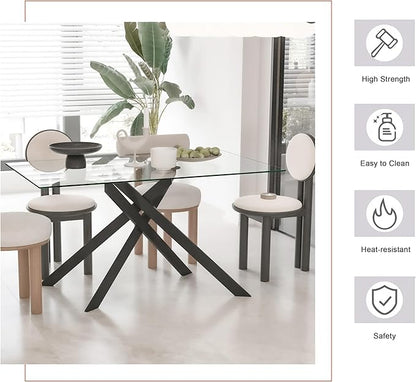 SSLine 51.2" Rectangle Glass Dining Table for 4 Modern Glass Tabletop Kitchen Table for 4 Luxury Dining Room Tables with Black Nest-Shape Metal Base for Home Kitchen Dining Room