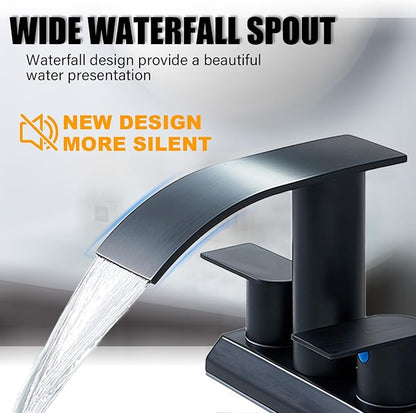 IKEBANA Modern 2 Handle Waterfall Bathroom Faucet, Matte Black, Stainless Steel, Lead-Free, 4 inches Centerset, Includes Pop Up Drain and Supply Hoses