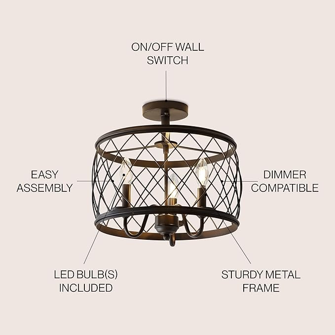 JONATHAN Y 15" Oil Rubbed Bronze LED Semi Flush Mount Ceiling Light, 3-Light Modern Industrial Drum Fixture for Bedroom Living Room Hallway, Gold Metal Cage Shade (JYL9037B)