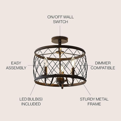JONATHAN Y 15" Oil Rubbed Bronze LED Semi Flush Mount Ceiling Light, 3-Light Modern Industrial Drum Fixture for Bedroom Living Room Hallway, Gold Metal Cage Shade (JYL9037B)