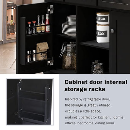 Favfurish Kitchen Island with Drop-Leaf Countertop, Internal Storage Cabinet Racks, Rolling Kitchen Cart on 5 Wheels with Open Shelves and 3 Drawers, Spice Holder, for Dining Room, Black