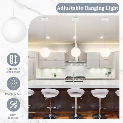 KoKo&Yukina 8 Inch Globe Pendant Light White Globe Pendant Lights Kitchen Island Mid Century Light Fixture with Milky White Glass Shade Adjustable Cluster Lights for Dining Room Living Room