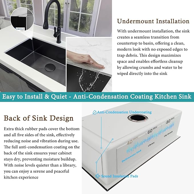 32 Inch Black Kitchen Sink Undermount - Delironexu Undermount Kitchen Sink Black, 16 Gauge Stainless Steel kitchen Sinks Single Bowl, 32''x18'' black Stainless Steel sink with 4 Accessories