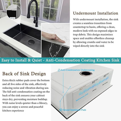 32 Inch Black Kitchen Sink Undermount - Delironexu Undermount Kitchen Sink Black, 16 Gauge Stainless Steel kitchen Sinks Single Bowl, 32''x18'' black Stainless Steel sink with 4 Accessories