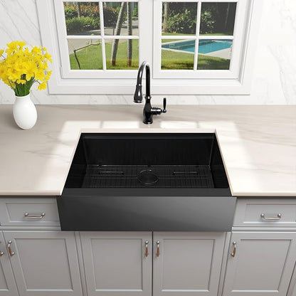 33-Inch Farmhouse Kitchen Sink, 16 Gauge Stainless Steel Farm Sink, Undermount Single Bowl, Brushed Finish, Deep Basin, Workstation Design with Accessories (Black, 33" x 22" x 10")