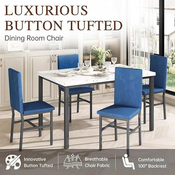 tantohom Dining Table Set for 4, Space Saving Kitchen Table and Chairs Set of 4, 5 Piece Modern Dining Room Table Set with Faux Marble Top and PU Leather Chairs for Small Space, Apartment