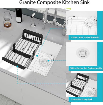 White Bar Sink,White Granite Composite Kitchen Sink With Accessories,19 Inch Undermount Quartz Stone Kitchen Sinks, 19" x 17" x 9 White Kitchen Sink with Offset Drain