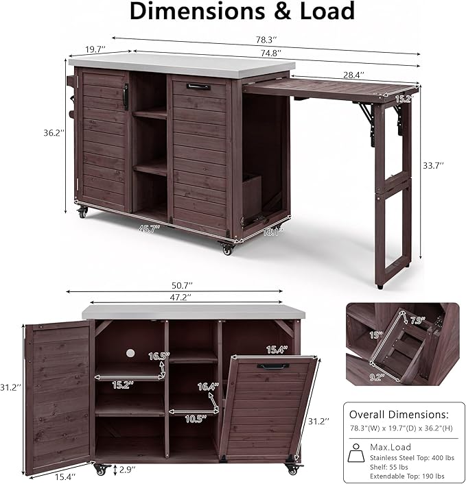 78.3" Outdoor Kitchen Island with Foldable Grill Table & Storage, Wooden Cart with Stainless Steel Top, Trash Can Holder, Bar Cart for Patio Lawn Garden (78.3"+Dark Brown)