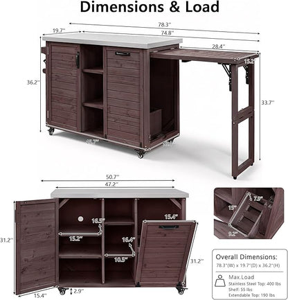 78.3" Outdoor Kitchen Island with Foldable Grill Table, Wooden Outdoor Grill Cart with Trash Can Storage & Stainless Steel Top, Outdoor Bar Cart, Pizza Oven Table for Lawn & Garden, Dark Brown
