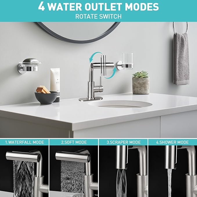 Bathroom Sink Faucet with 4 Mode Pull Down Sprayer, Brushed Nickel Single Handle Pull Out Faucet with Pop-Up Drain, 1 or 3 Hole Laundry Bar Basin Faucet with Deck Plate