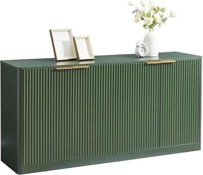 Ball & Cast 59" Modern Fluted Sideboard Buffet Cabinet with Storage,Curved Design Kitchen Coffee Bar Cabinet with 4 Doors & Shelves,Wood Credenza Cabinets Media Console for Living Room,Green